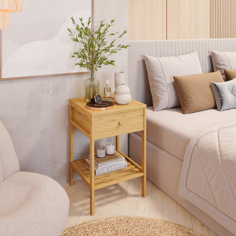 Mesa de Cabeceira Criado-mudo Bambu com Gaveta e Prateleira